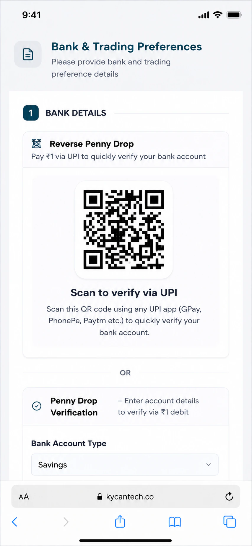 Authenti KYC — verification method selection screen
